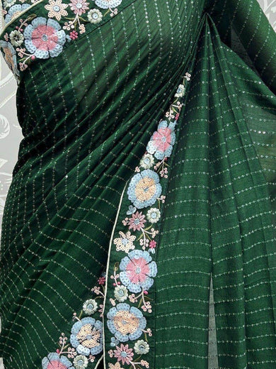Fascinating Green Sequins Silk Cocktail Party Wear Saree With Blouse